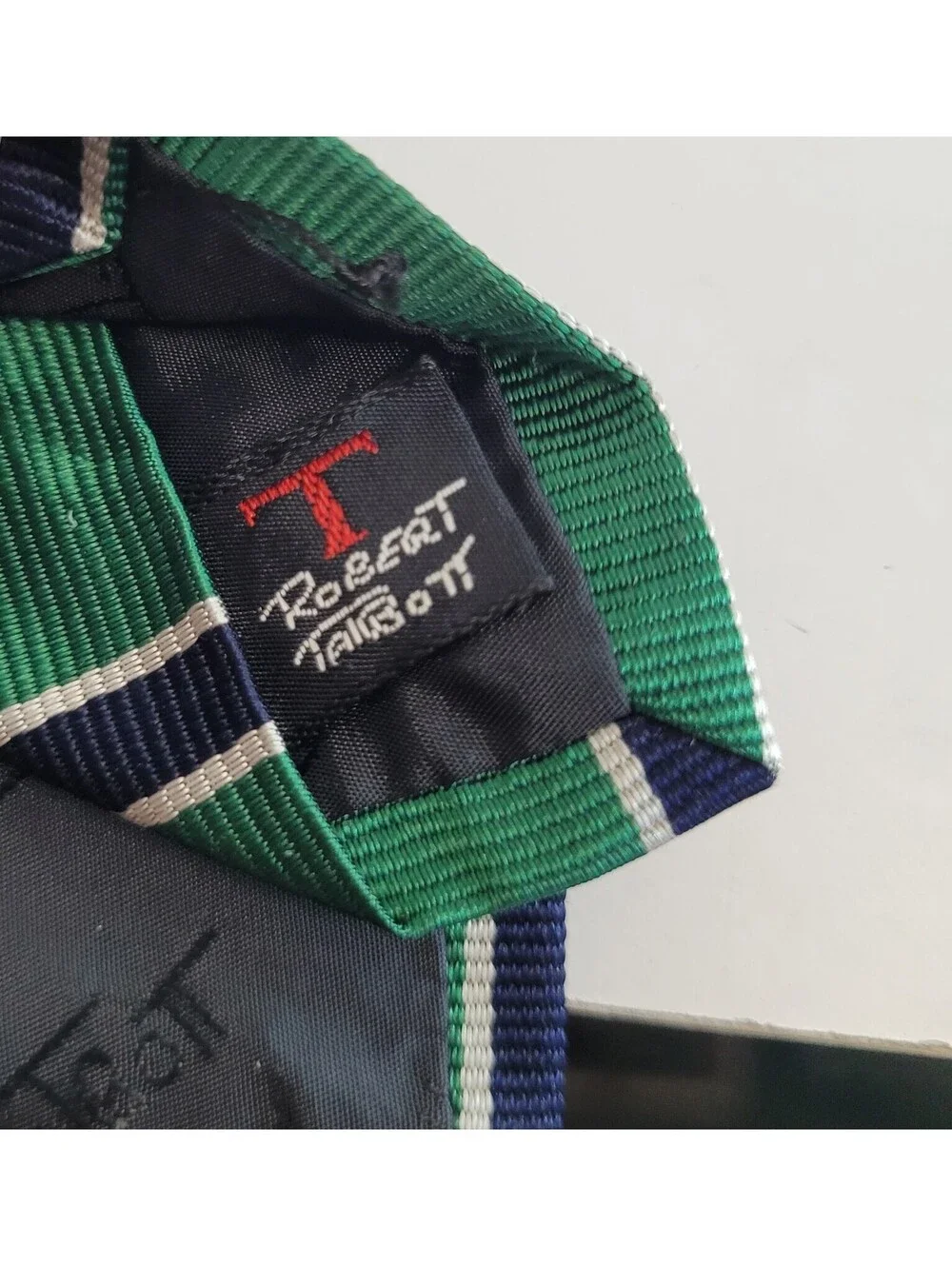 Robert Talbott for Young Man's Fancy San Francisco Skinny Tie Green Navy Stripe